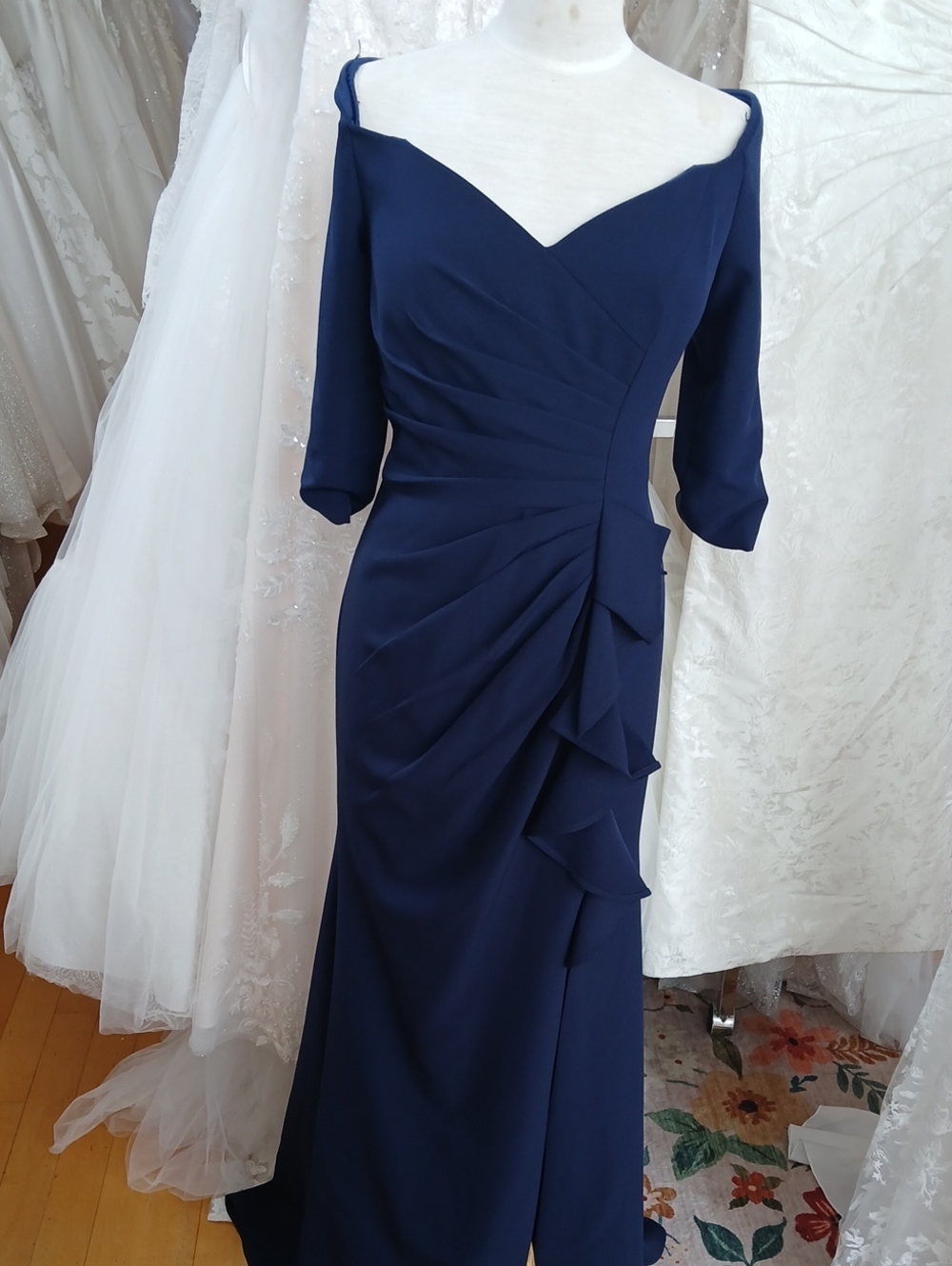 Elegant Navy Off-Shoulder Ruched Evening Dress